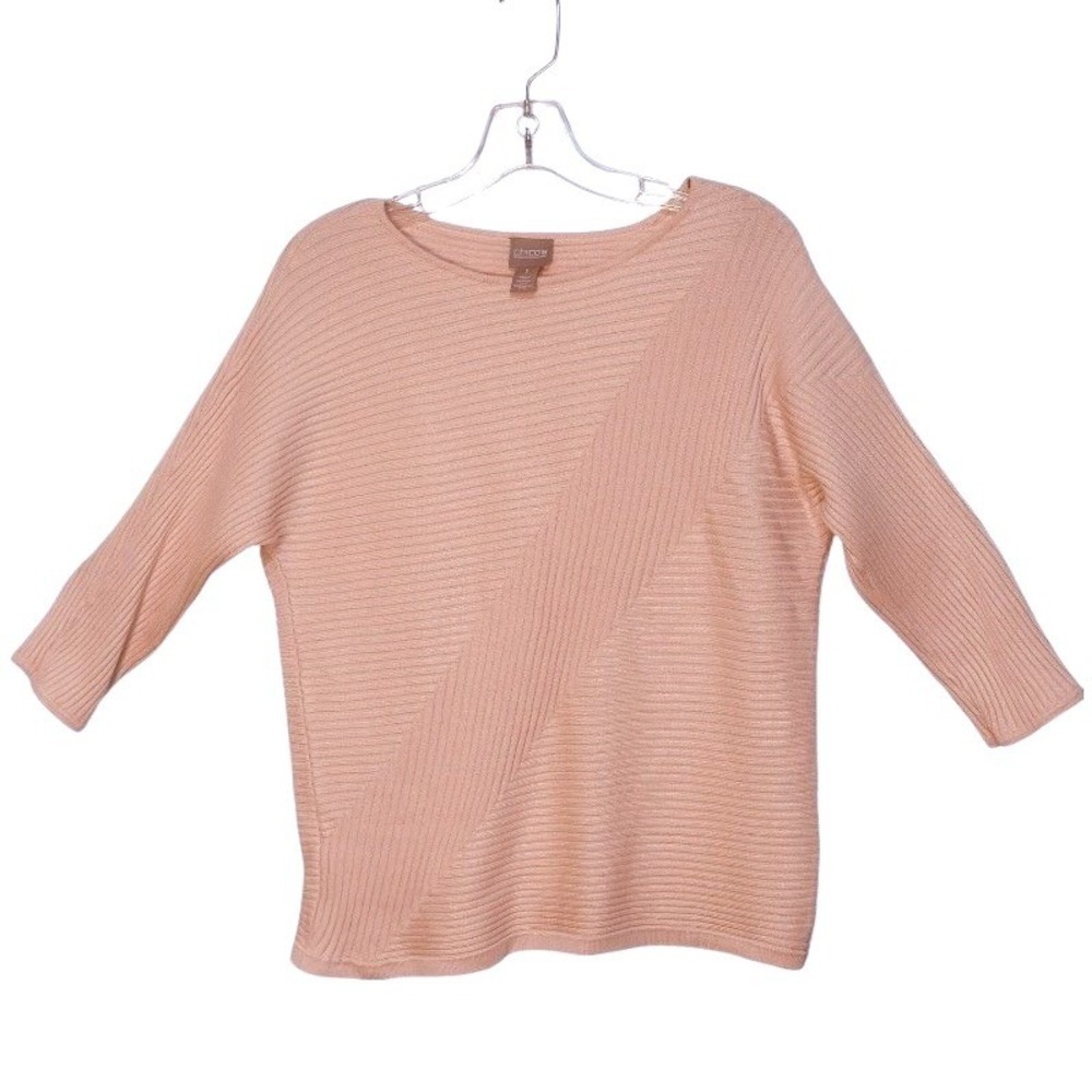 Chicos‎ Ribbed Knit Boatneck Sweater Pink 3/4 Sleeve Soft Girl Casual Chic SZ1/M